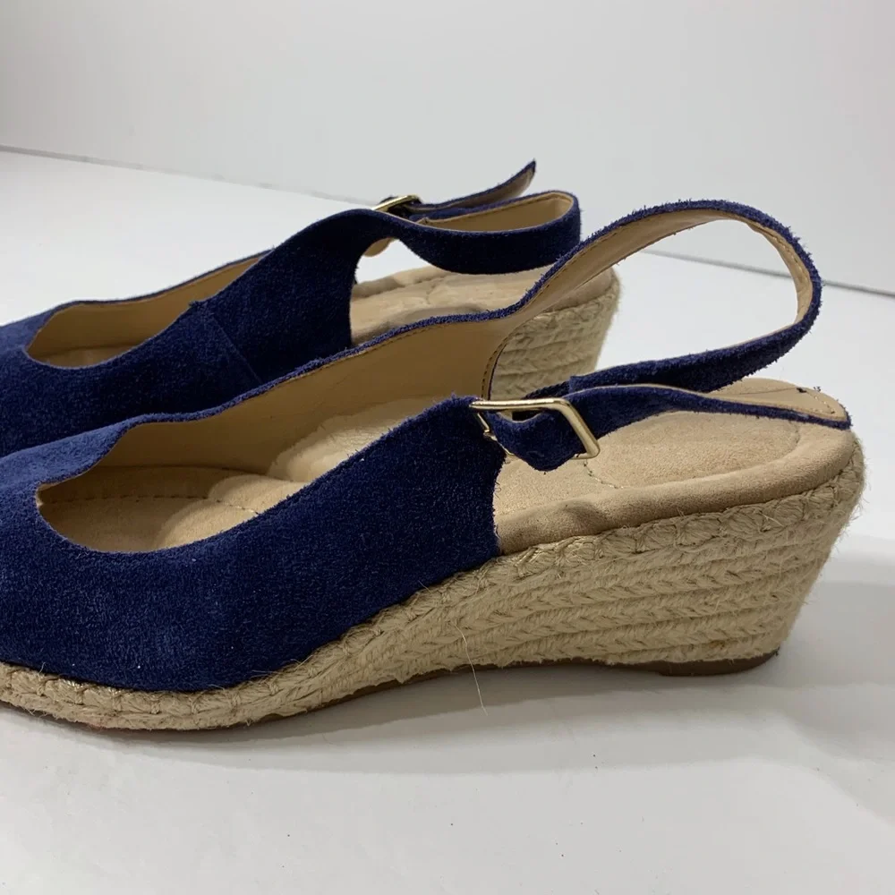 EUC Lands’ End Blue Suede Wedge Jute‎ Heel Sandals